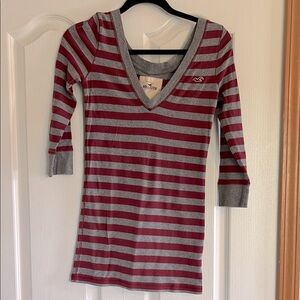 Hollister Burgundy and Gray Striped V-Neck Tee
